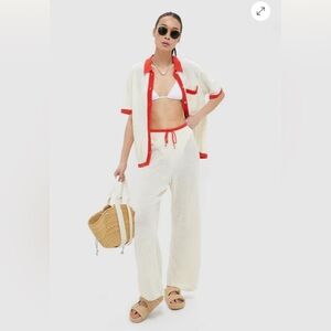 Onia 100 % linen open stitch knit Cream orange Red trim Women's Wide Leg Pants